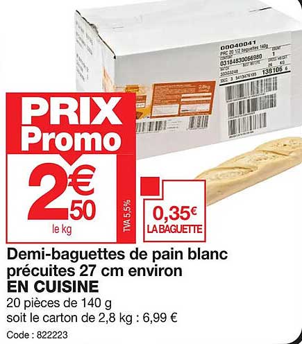 demi-baguettes de pain blanc précuites 27 cm environ en cuisine