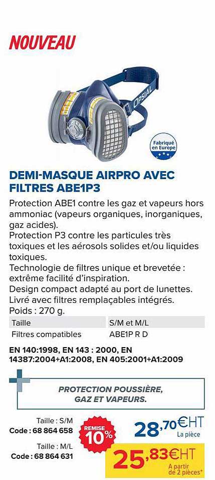 demi-masque airpro avec filtres abe1p3