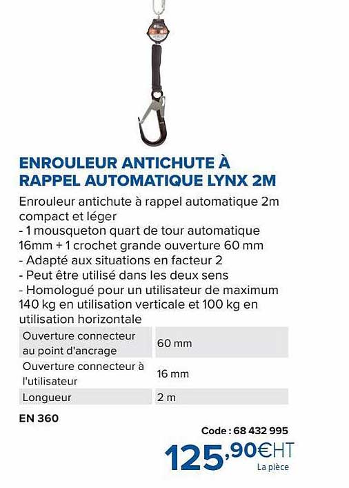 enrouleur antichute à rappel automatique lynx 2m