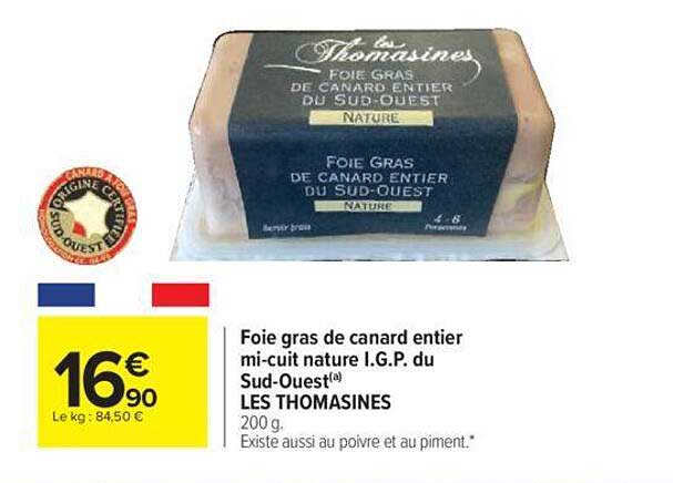 foie gras de canard entier mi-cuit nature i.g.p. du sud-ouest les thomasines