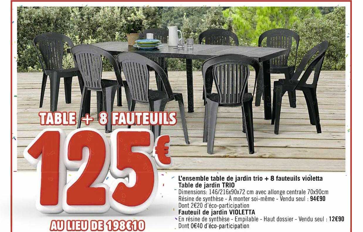l'ensemble table de jardin trio + 8 fauteuils violetta