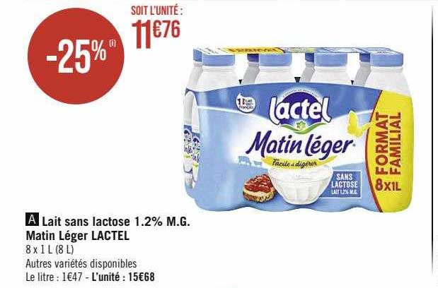 lait sans lactose 1.2% m.g. matin léger lactel