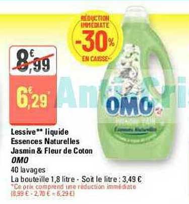 lessive liquide essences naturelles jasmin & fleur de coton omo