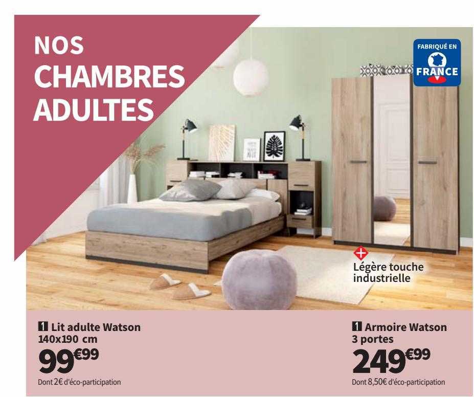 lit adulte watson 140x190 cm armoire watson 3 portes