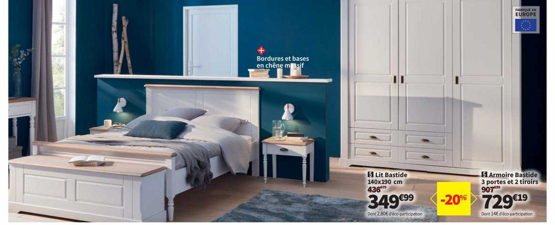 lit bastide 140x190 cm armoire bastide 3 portes et 2 tiroirs