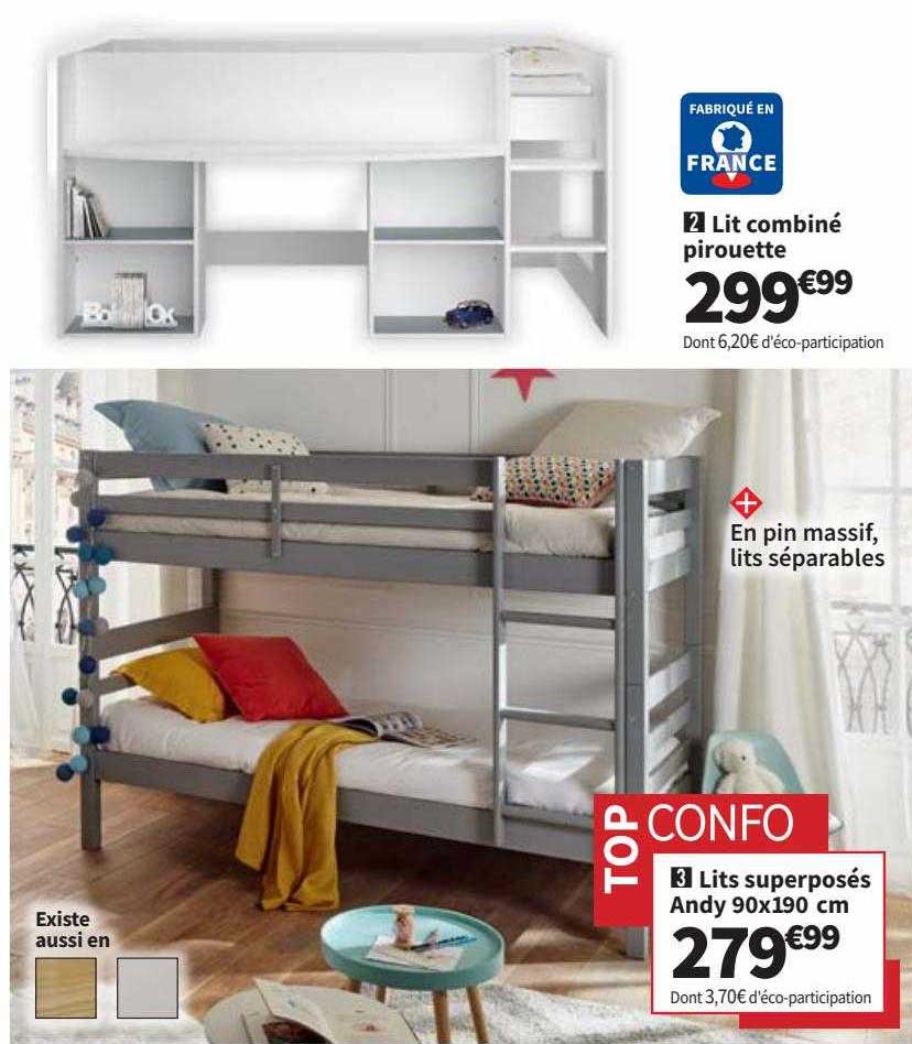lit combiné pirouette lits superposés andy 90x190 cm