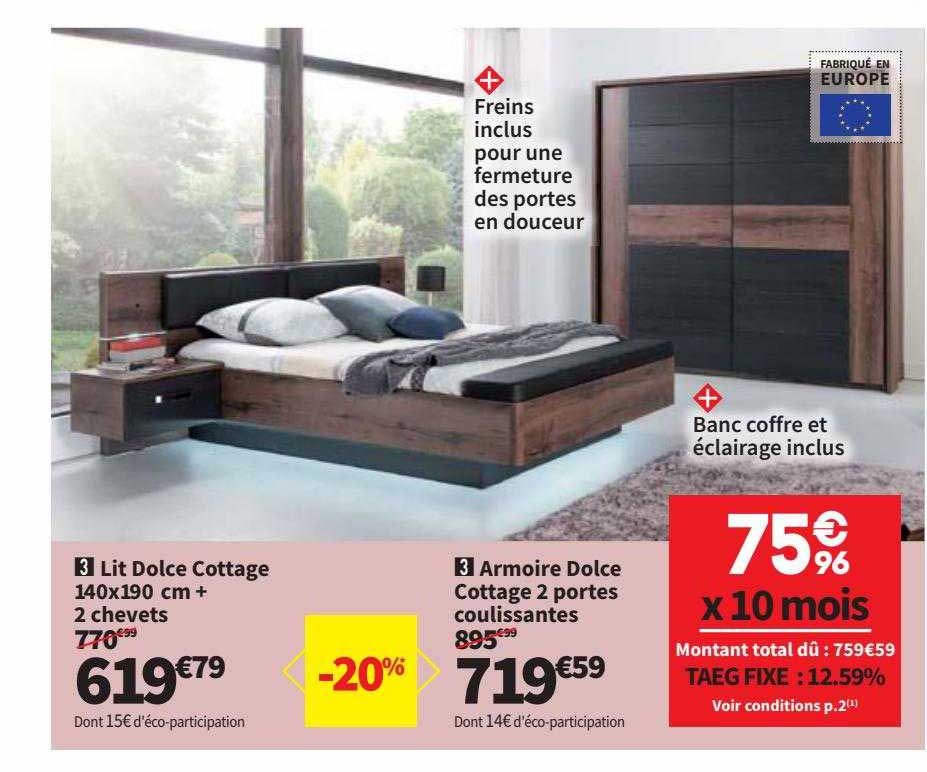 lit dolce cottage 140x190 cm + 2 chevets armoire dolce cottage 2 portes coulissantes