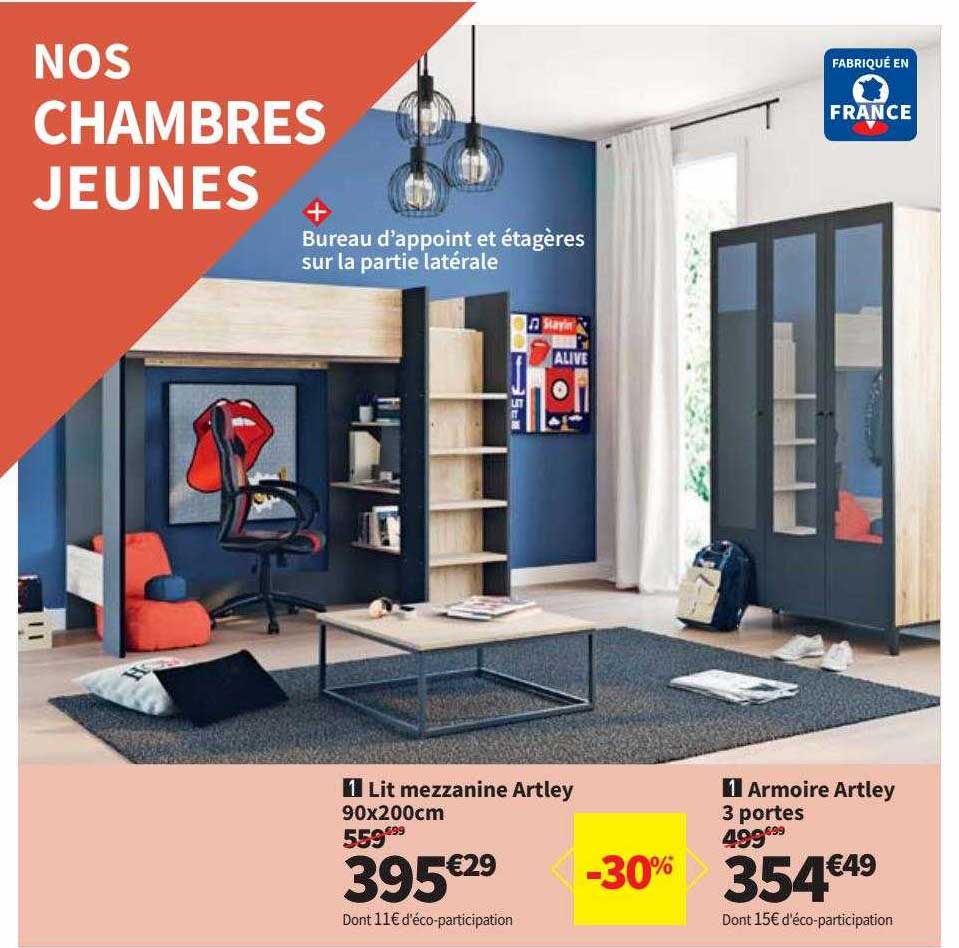 lit mezzanine artley 90x200 cm armoire artley 3 portes