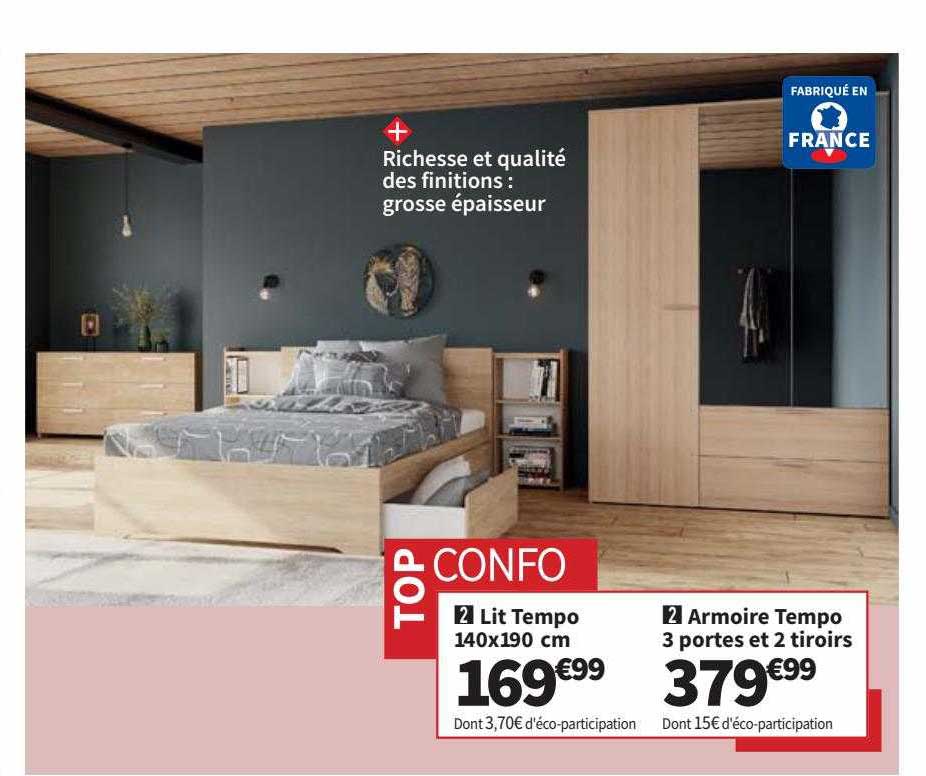 lit tempo 140x190 cm armoire tempo 3 portes et 2 tiroirs