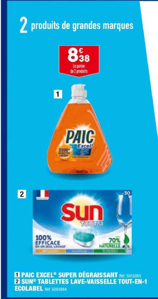 paic excel super dégraissant, sun tablettes lave-vaisselle tout-en-1 ecolabel