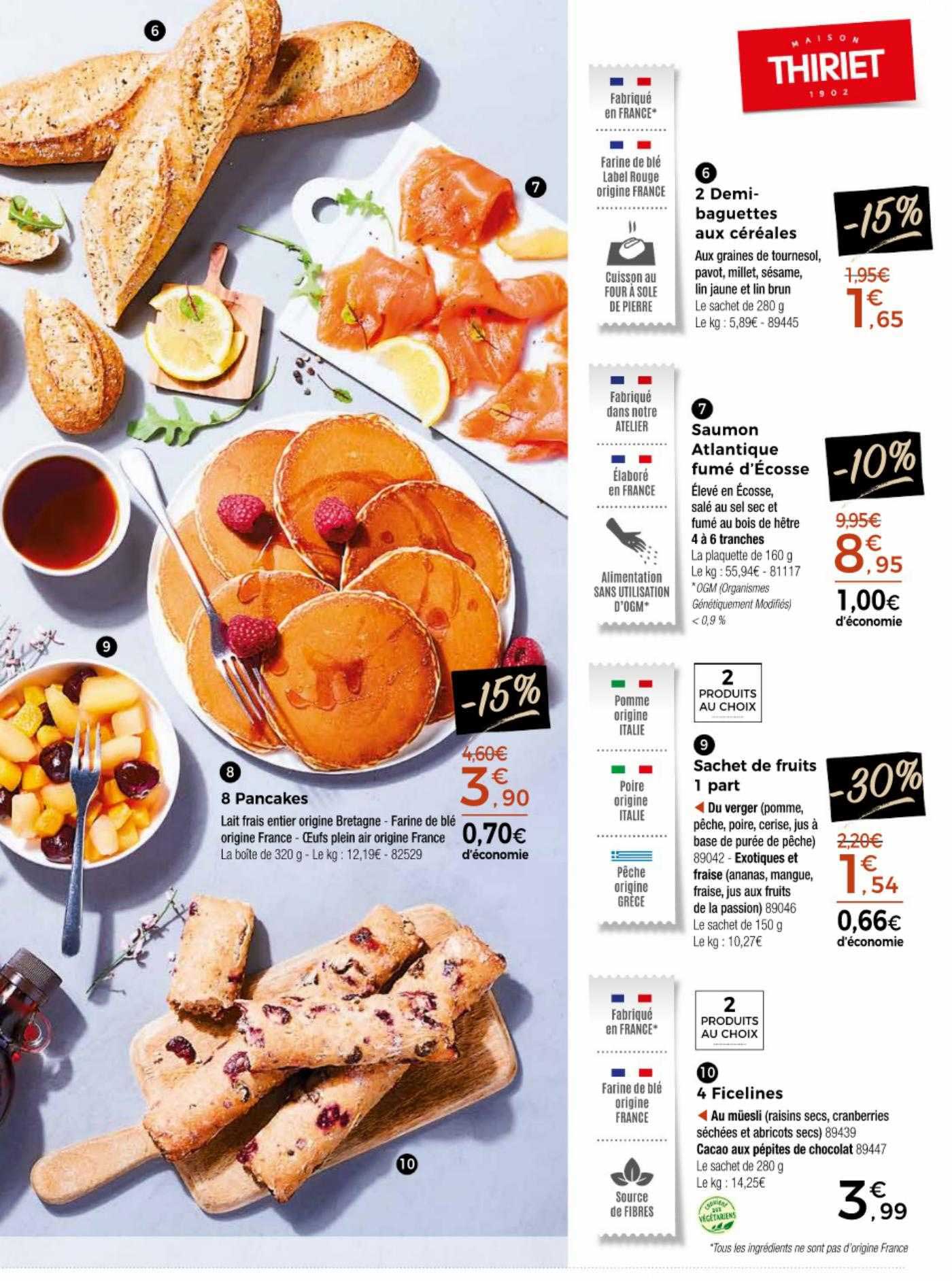 pancakes, 2 demi-baguettes aux céréales, saumon atlantique fumé d'écosse, sachet de fruits 1 part, 4 ficelines