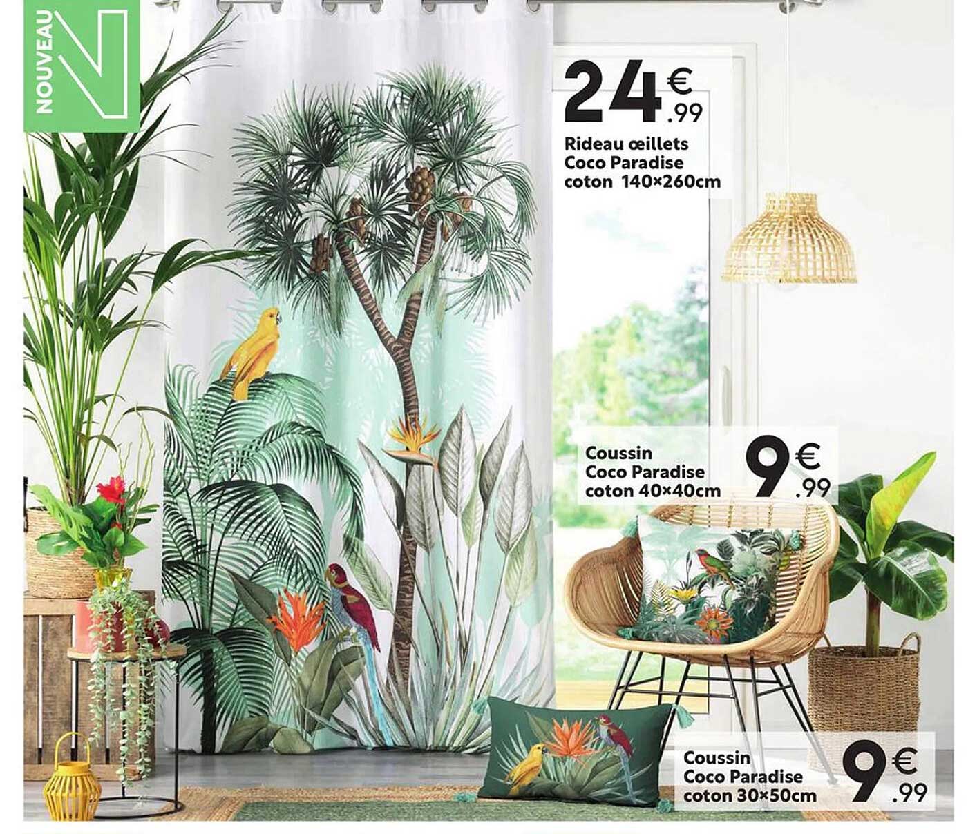 rideau œillets coco paradise coton 140 x 260 cm, coussin coco paradise coton 40 x 40 cm, coussin coco paradise coton 30 x 50 cm