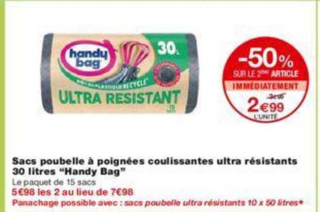 sacs poubelle à poignées coulissantes ultra résistants 30 litres "handy bag"