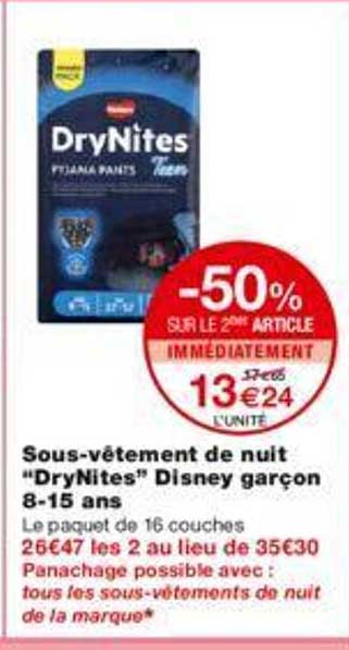 sous-vêtement de nuit "dryNites" disney garçon 8-15 ans