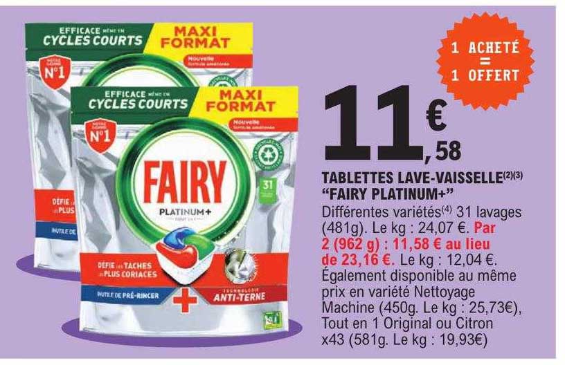 tablettes lave-vaisselle "fairy platinum+" 1 acheté = 1 offert