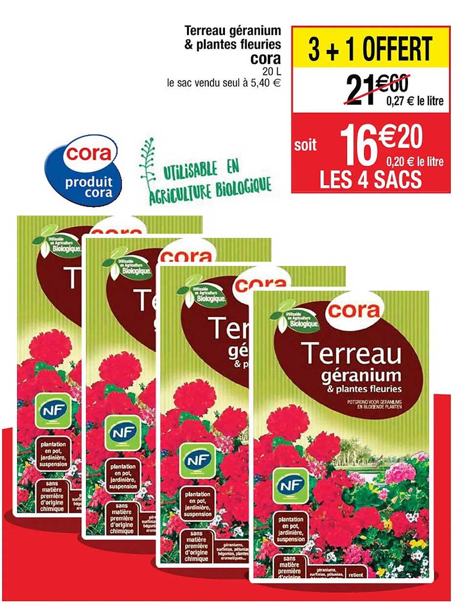 terreau géraniium & plantes fleuries cora 3+1 offert