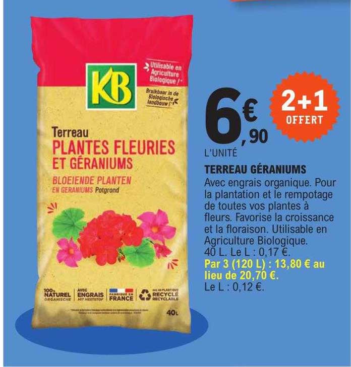terreau géraniums 2+1 offert