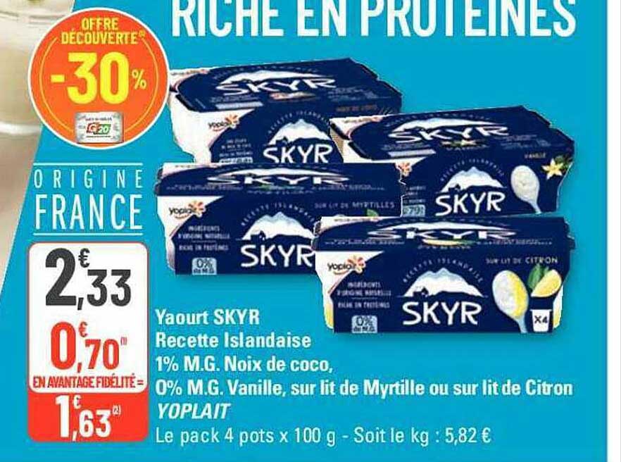 Yaourt Skyr Recette Islandaise 1% M.g. Noix De Coco, 0% M.g. Vanille, Sur Lit De Myrtille Ou Sur Lit De Citron Yoplait