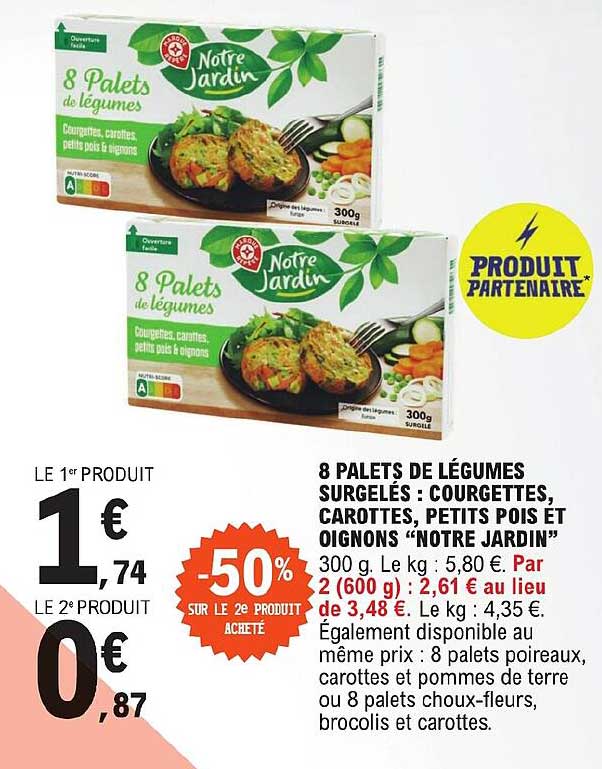 8 palets de légumes surgelés : courgettes, carottes, petits pois et oignons "notre jardin"