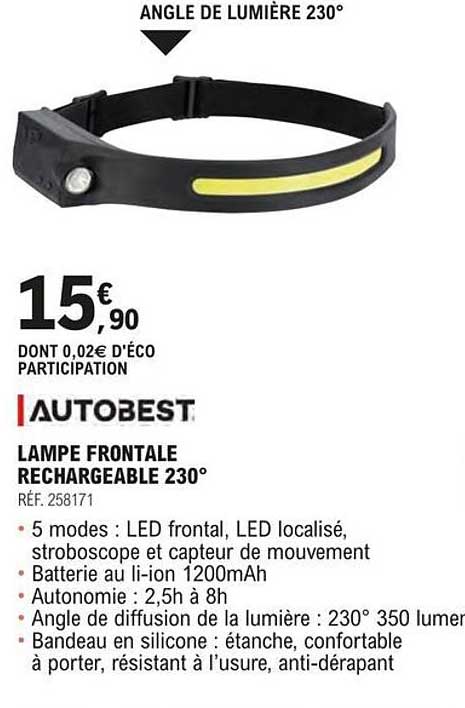 autobest lampe frontale rechargeable 230°