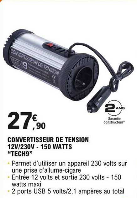 convertisseur de tension 12v/230v - 150 watts "tech9"