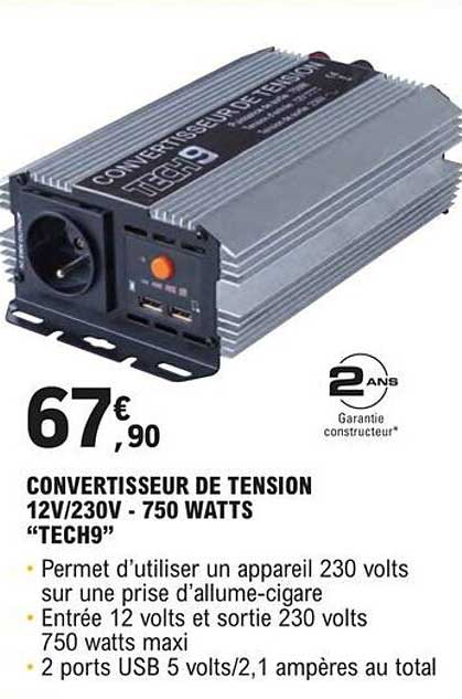 convertisseur de tension 12v/230v - 750 watts "tech9"