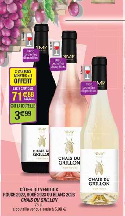 côtes du ventoux rouge 2022, rosé 2023 ou blanc 2023 chais du grillon