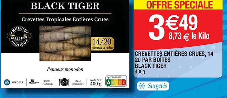 crevettes entières crues, 14-20 par boîtes black tiger