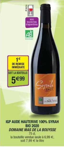 IGP aude hauterive 100% syrah bio 2020 domaine mas de la bouysse