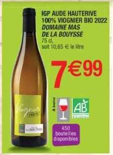 IGP aude hauterive 100% viognier bio 2022 domaine mas de la bouysse