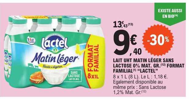 lait uht matin léger sans lactose 0% mat. gr. format familial "lactel"