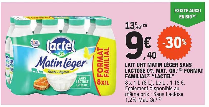 lait uht matin léger sans lactose 0% mat. gr. format familial "lactel"