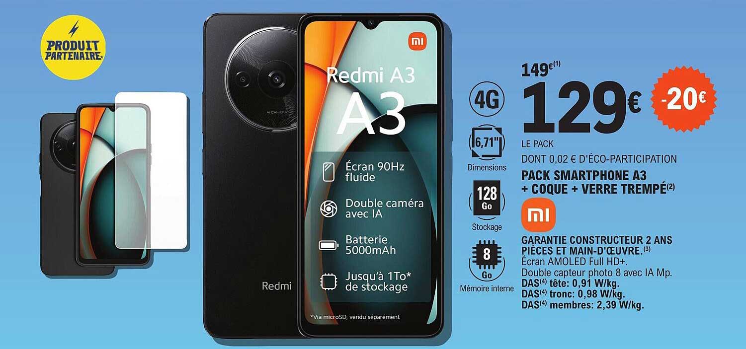 pack smartphone a3 + coque + verre trempé xiaomi