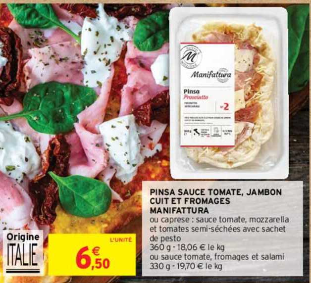 pinsa sauce tomate, jambon cuit et fromages manifattura