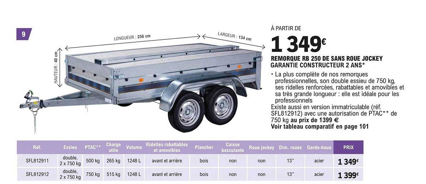 remorque rb 250 de sans roue jockey