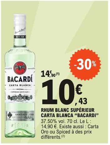 rhum blanc supérieur carta blanca "bacardi"