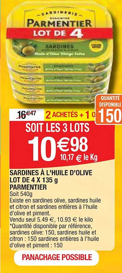 sardines à l'huile d'olive lot de 4 x 135g parmentier