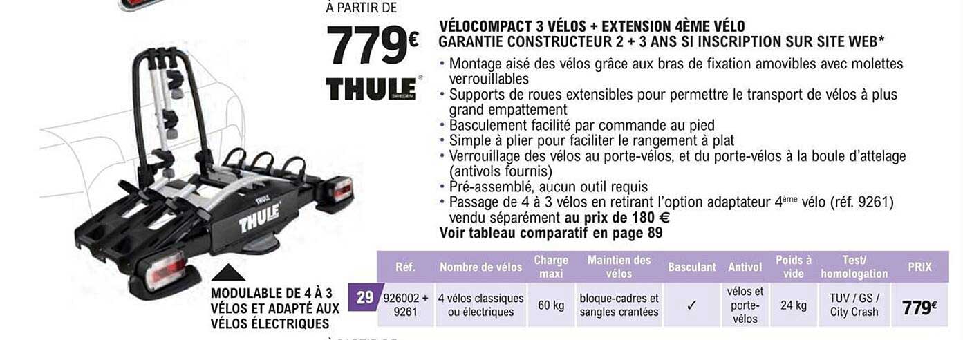 vélocompact 3 vélos + extension 4ème vélo thule