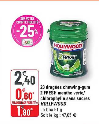 23 dragées chewing-gum 2 fresh menthe verte - chlorophylle sans sucres hollywood