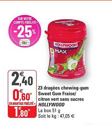 23 dragées chewing-gum sweet gum fraise - citron vert sans sucres hollywood