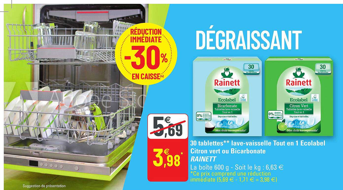30 tablettes lave-vaisselle tout en 1 écolabel citron vert ou bicarbonate rainett