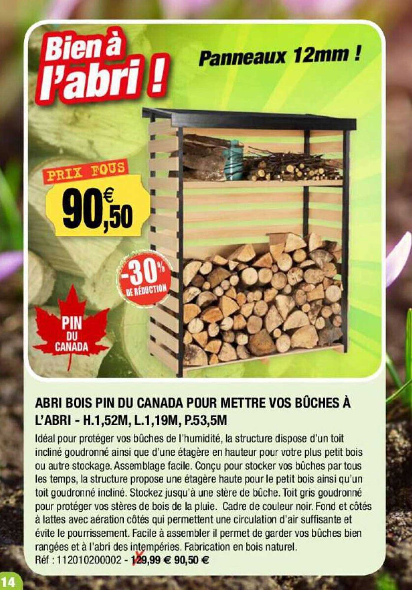 abri bois pin du canada pour mettre vos bûches à l'abri - h. 1,52 m, l. 1,19 m, p. 53,5 m