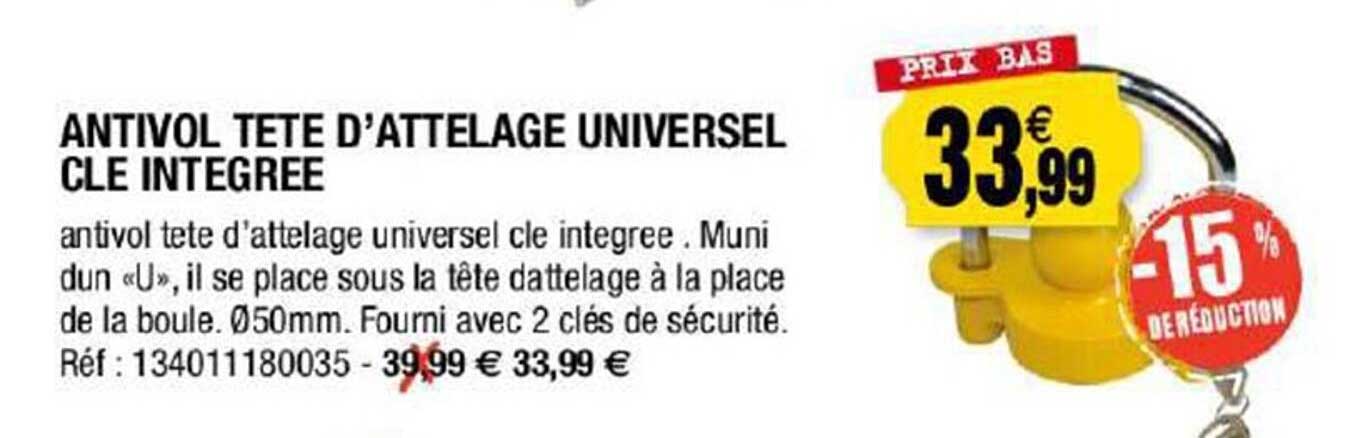 antivol tête d'attelage universel clé intégrée