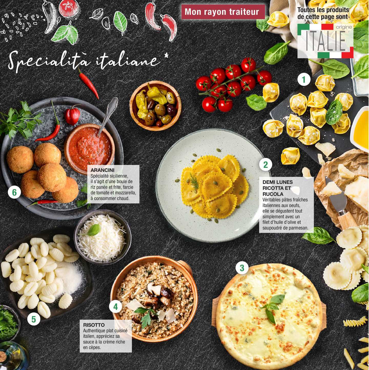 arancini, risotto, demi lunes ricotta et rucola