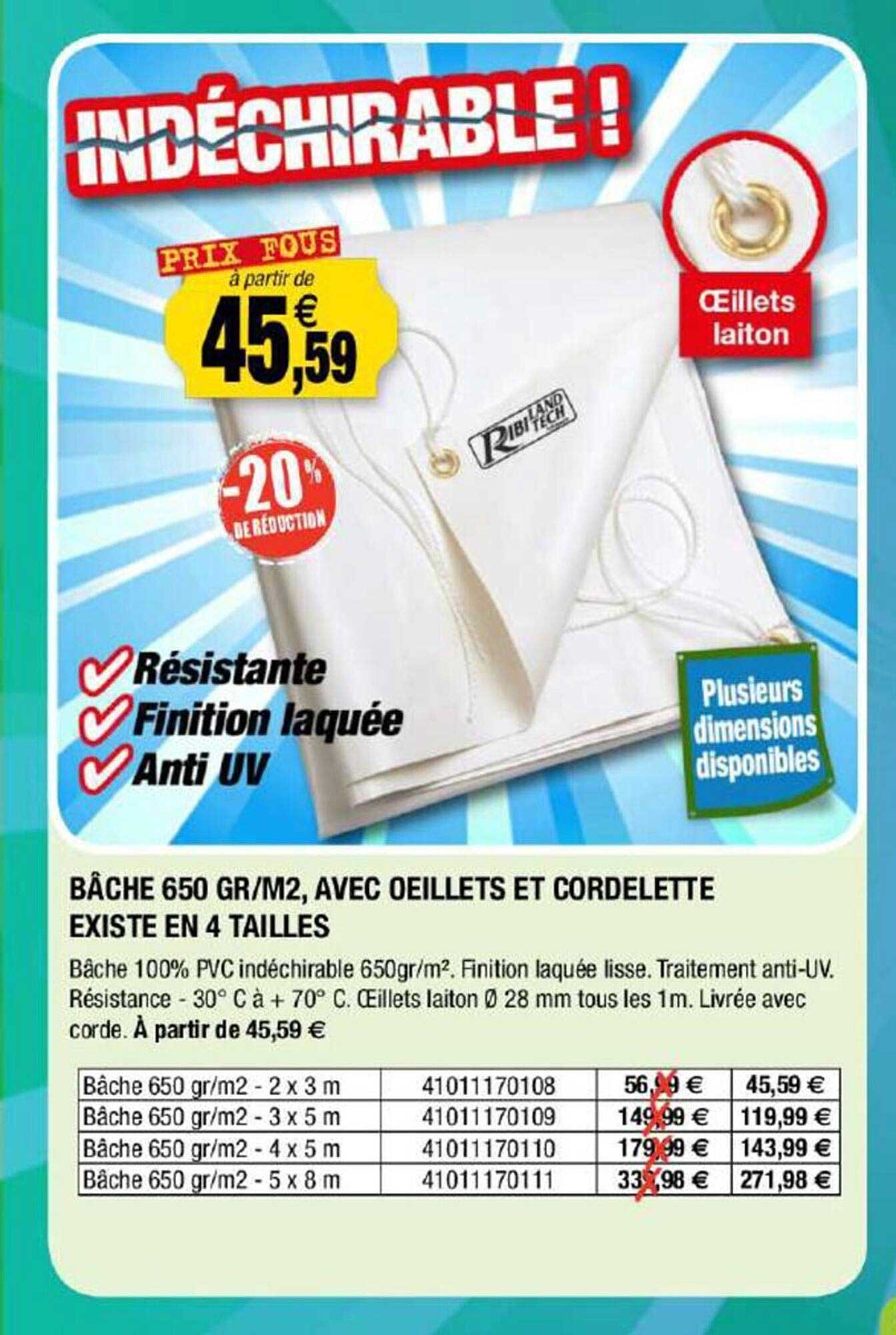 bâche 650 gr-m2, avec oeillets et cordelette existe en 4 tailles