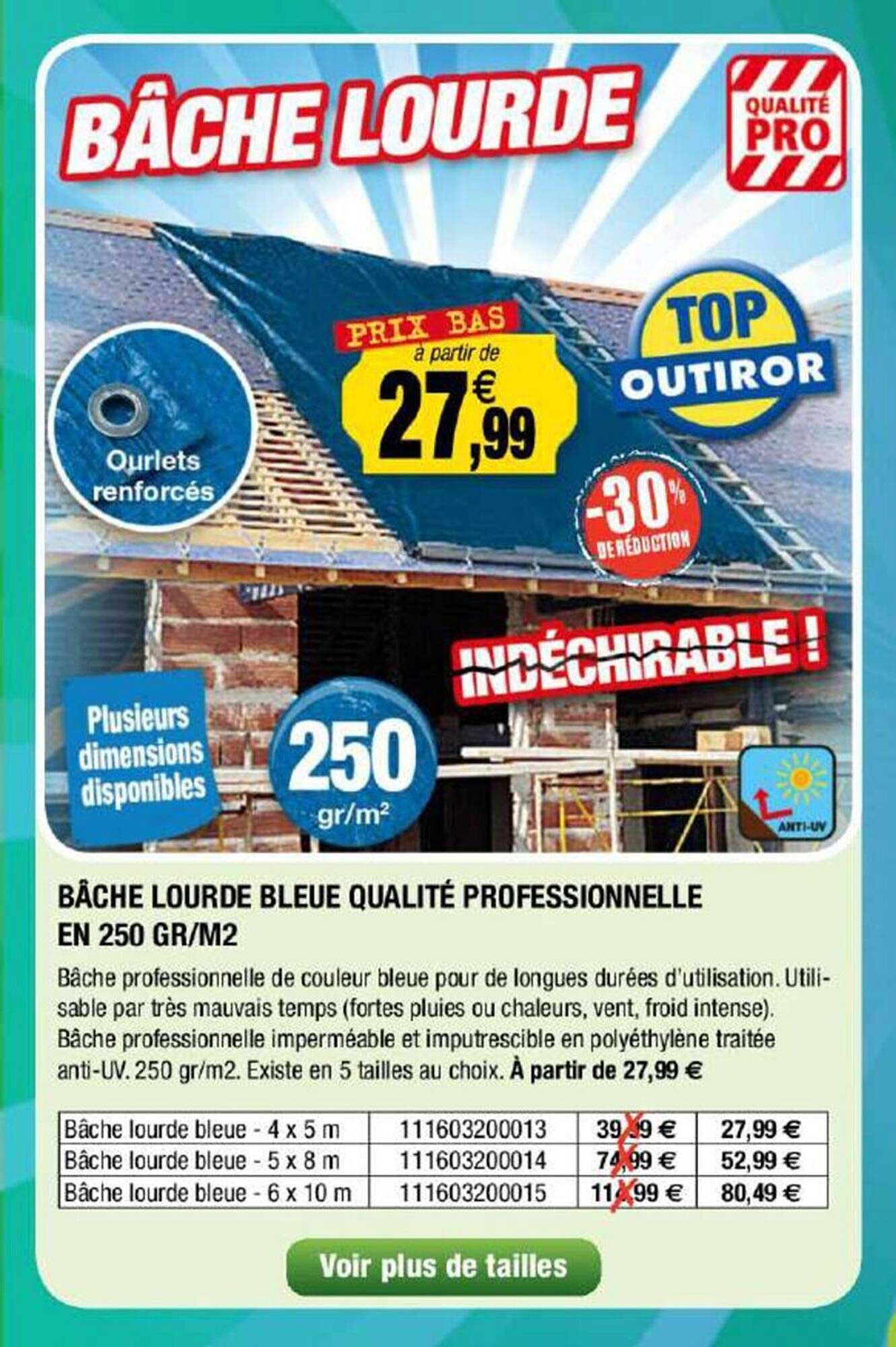 bâche lourde bleue qualité professionnelle en 250 gr-m²