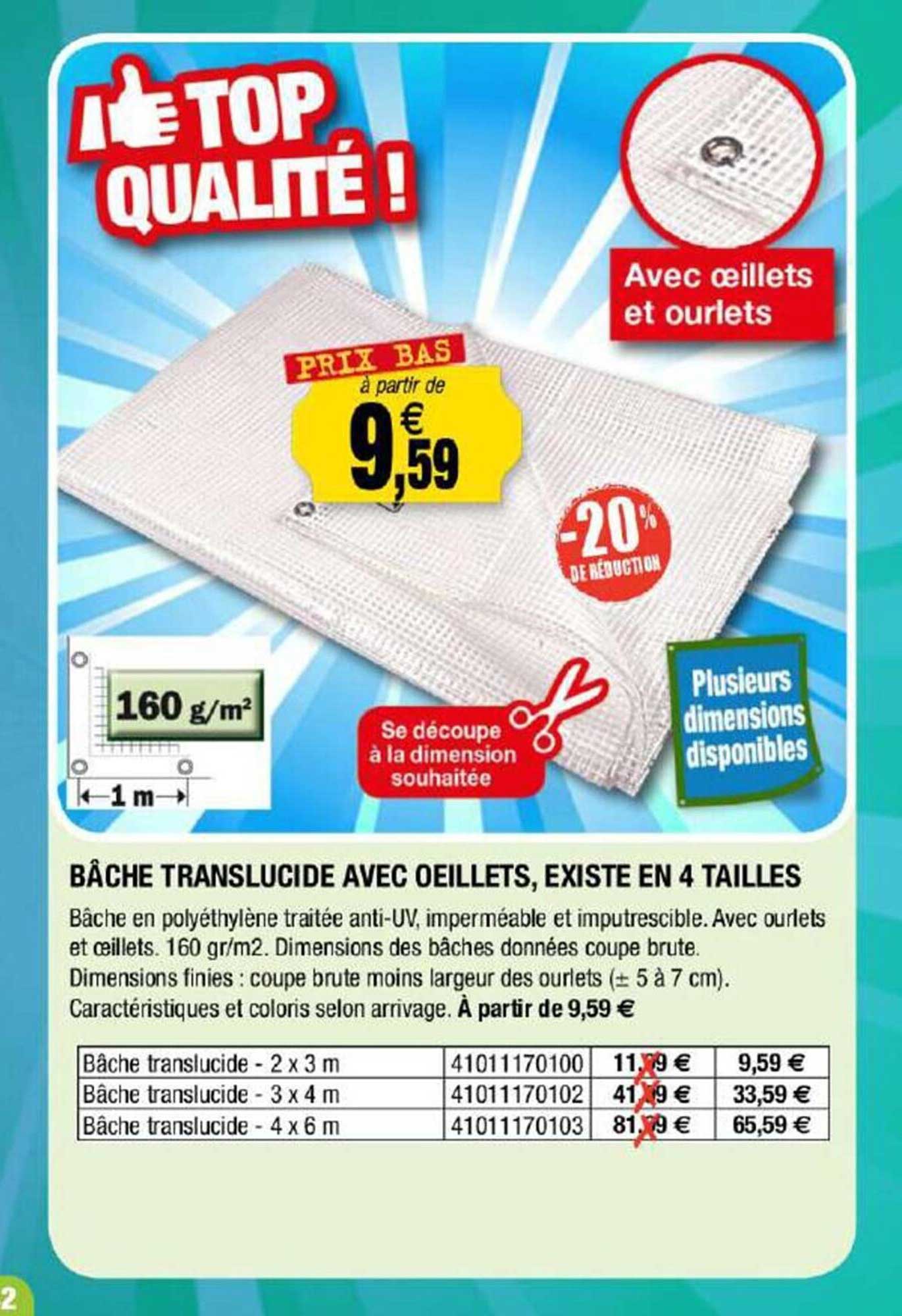 bâche translucide avec œillets, existe en 4 tailles