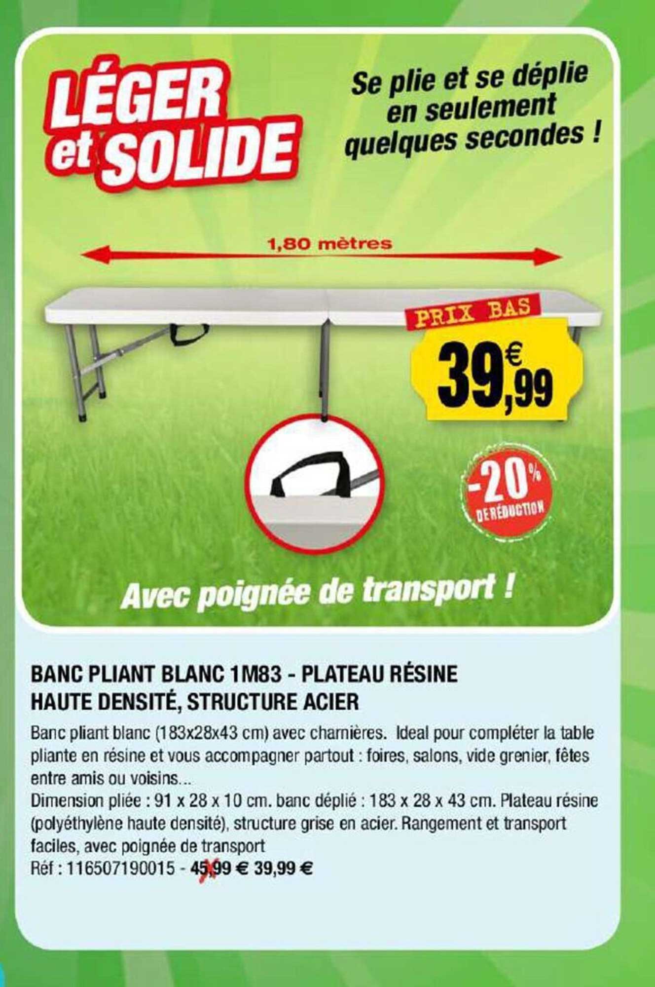 banc pliant blanc 1m83 - plateau résine, haute densité, structure acier