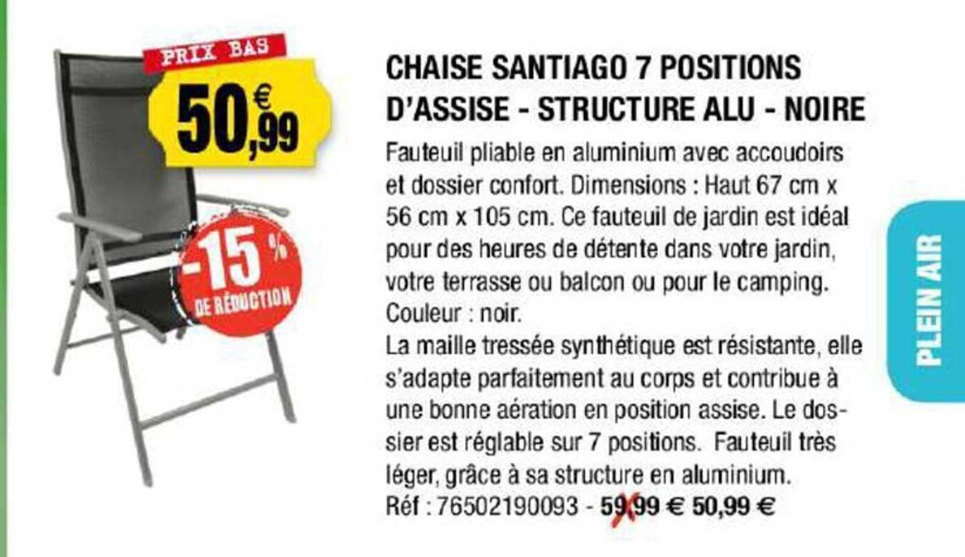 chaise santiago 7 positions d'assise - structure alu - noir