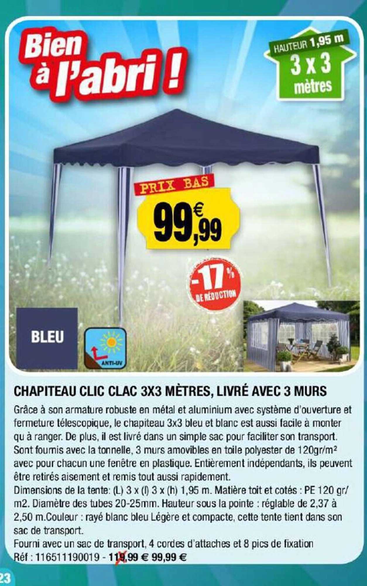 chapiteau clic clac 3 x 3 mètres, livré avec 3 murs